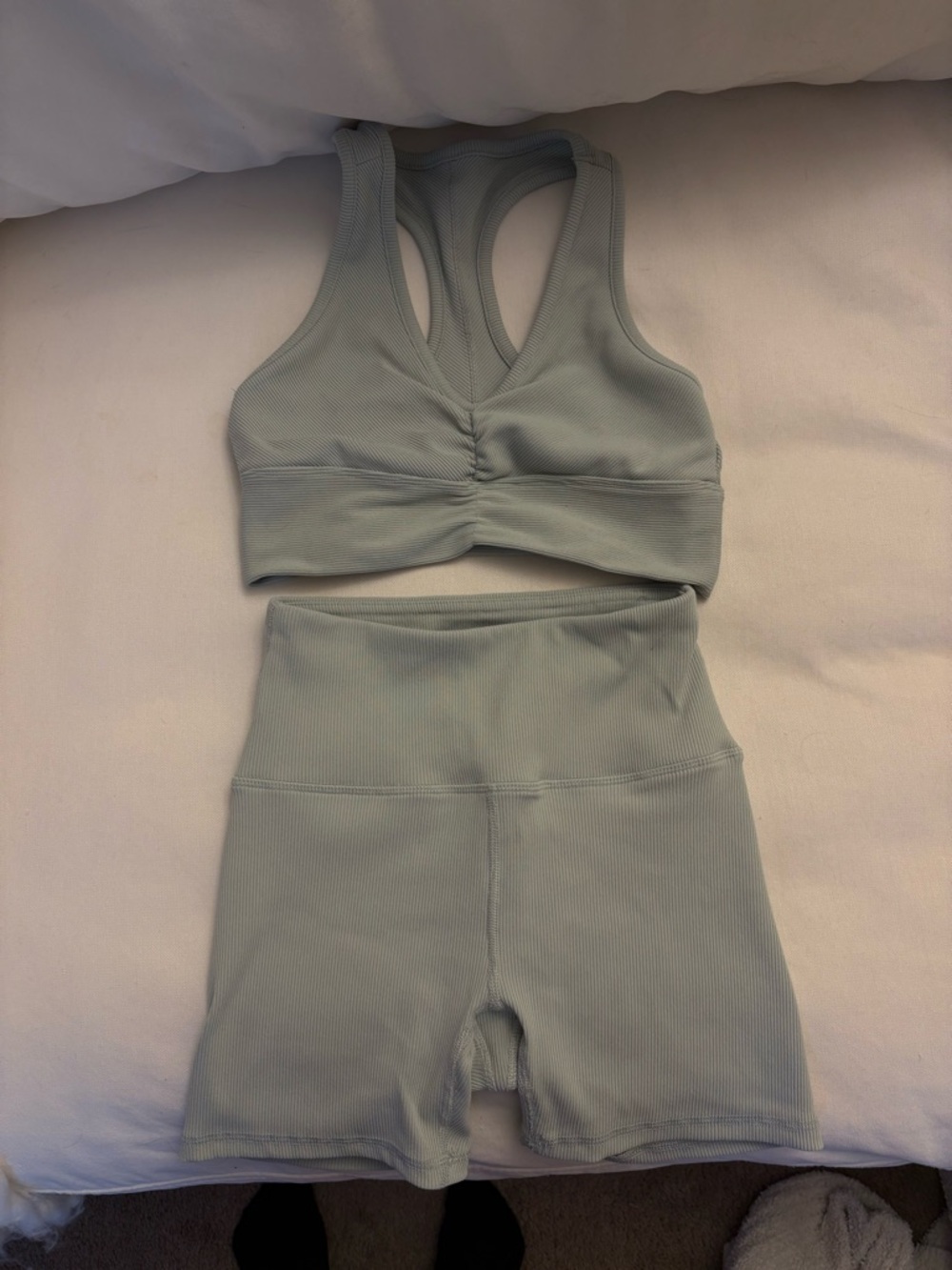 Seamless Ribbed Light Sage Sports Bra & High-Waist Bike Shorts Set